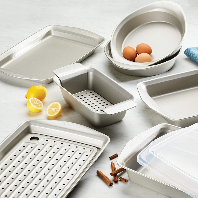 Rachael Ray Nonstick Bakeware Set without Grips includes Nonstick Baking Pan with Lid and Muffin Pan / Cupcake Pan - 3 Piece, Silver - Image 3